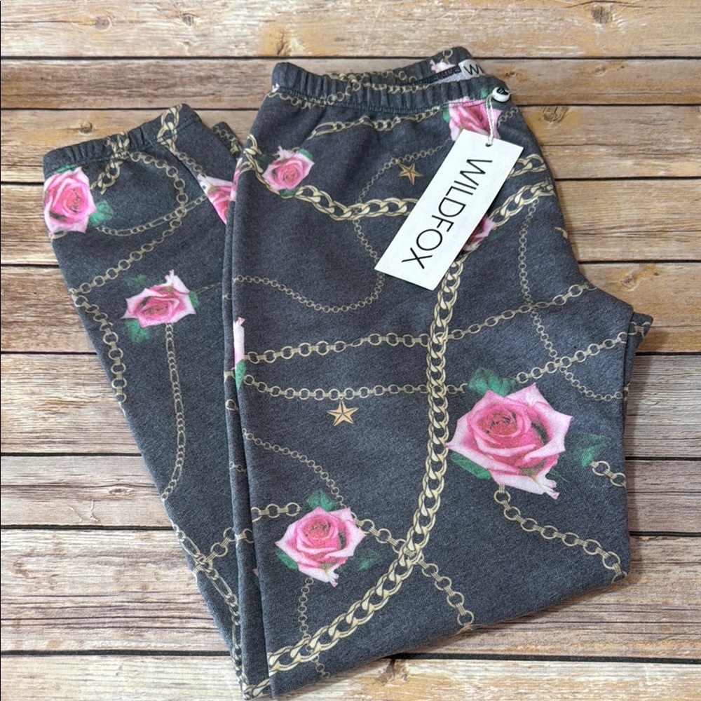 Wildfox Knox Rose Sweatpants with Pink Rose and Gold Chain Design